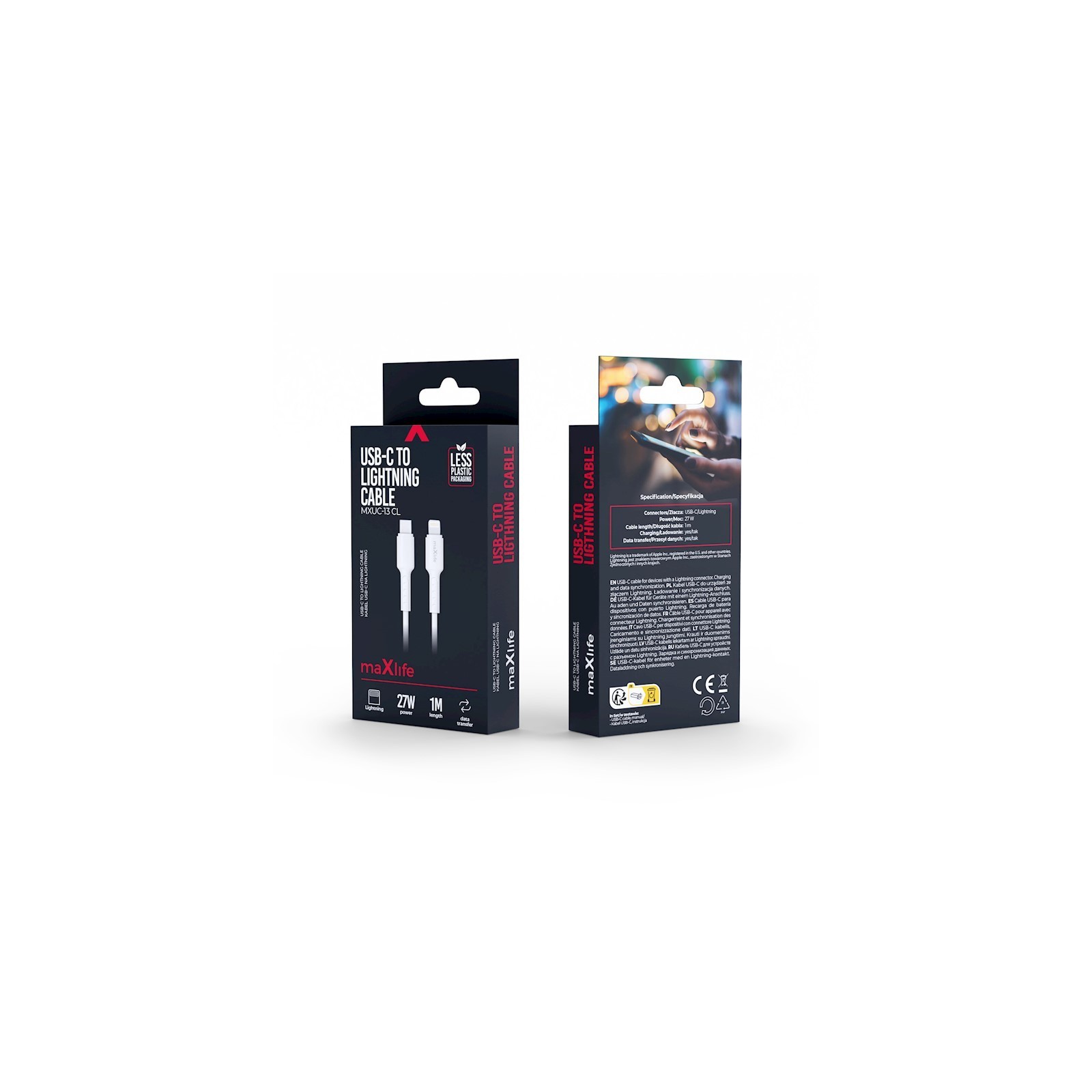 CÂBLE USB-C VERS LIGHTNING MAXLIFE MXUC-13 - 27W - 1,0 M - BLANC