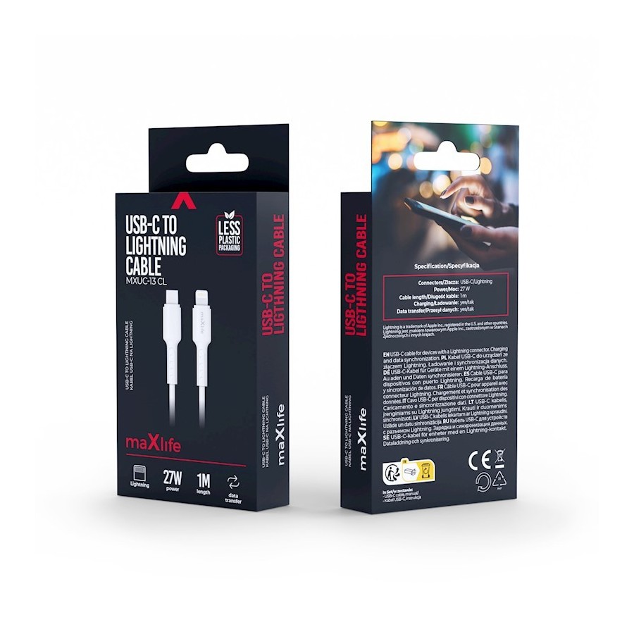 CÂBLE USB-C VERS LIGHTNING MAXLIFE MXUC-13 - 27W - 1,0 M - BLANC