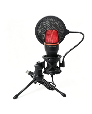 MICROPHONE STUDIO GAMING USB AVEC TRÉPIED ET RÉTROÉCLAIRAGE RGB WOZINSKY WM-W111 - NOIR