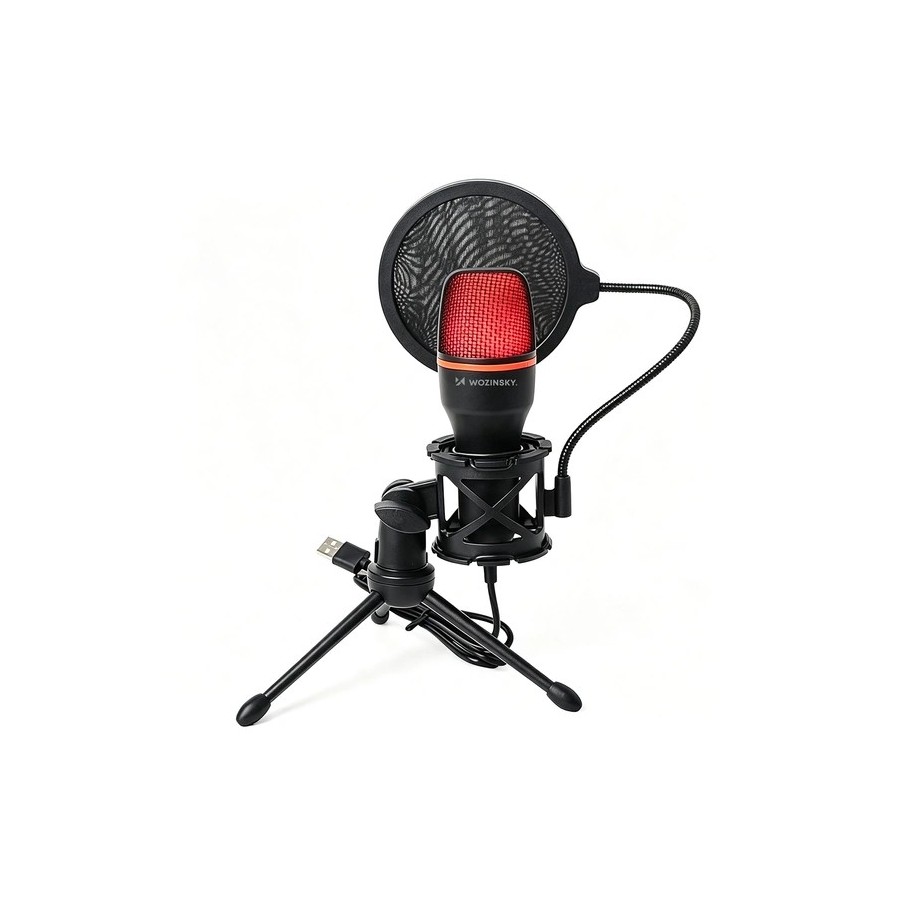 MICROPHONE STUDIO GAMING USB AVEC TRÉPIED ET RÉTROÉCLAIRAGE RGB WOZINSKY WM-W111 - NOIR