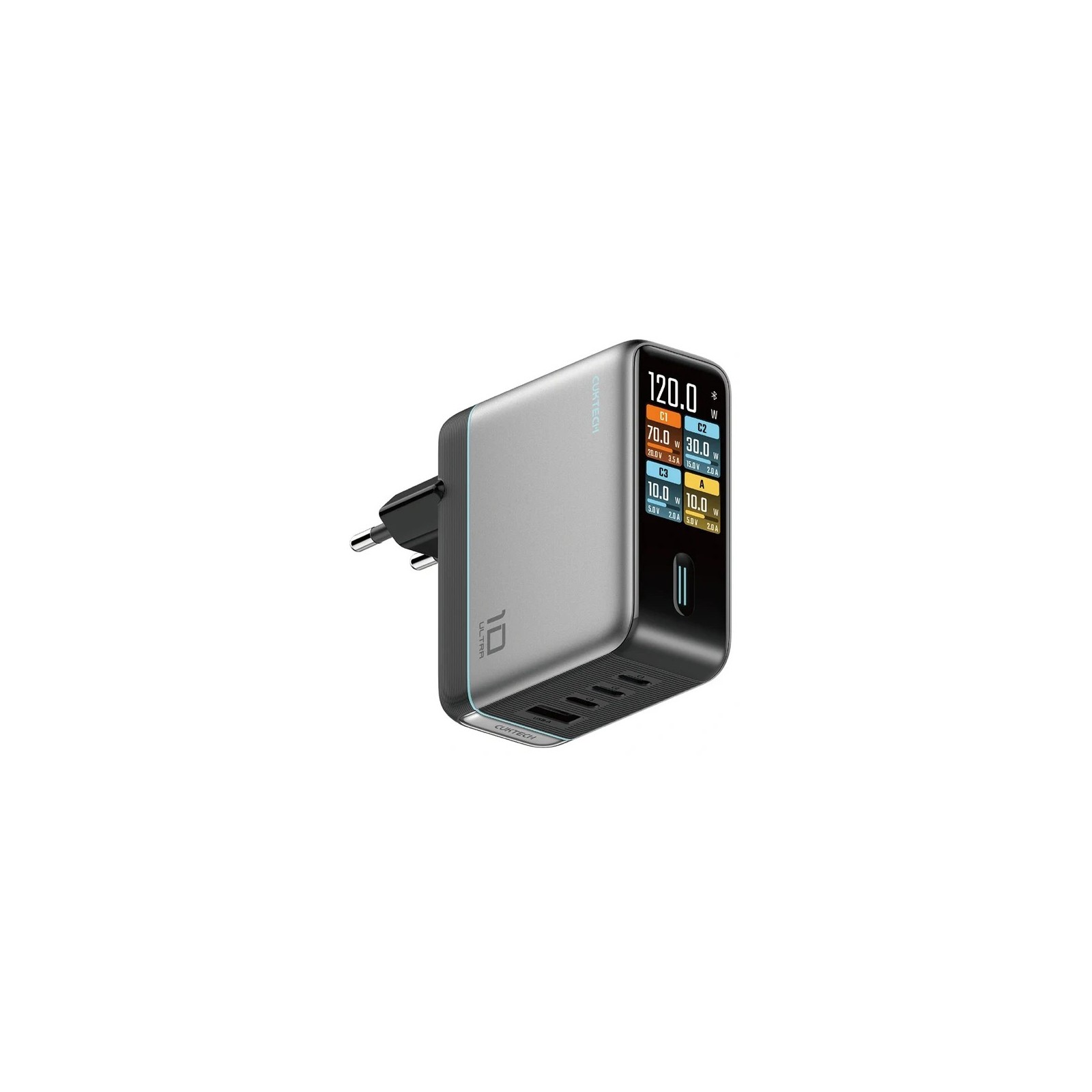 CHARGEUR SECTEUR AVEC AFFICHAGE 120W CUKTECH AD1204U (2x USB-C / 1x USB-A) + CÂBLE - ARGENTÉ