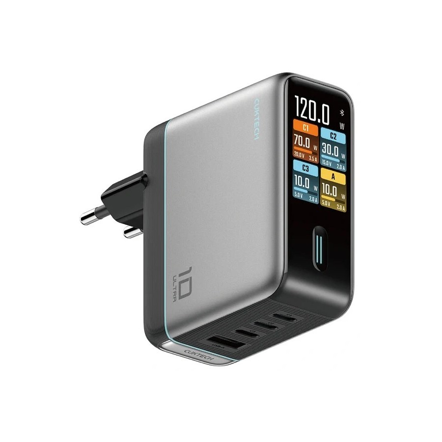 CHARGEUR SECTEUR AVEC AFFICHAGE 120W CUKTECH AD1204U (2x USB-C / 1x USB-A) + CÂBLE - ARGENTÉ