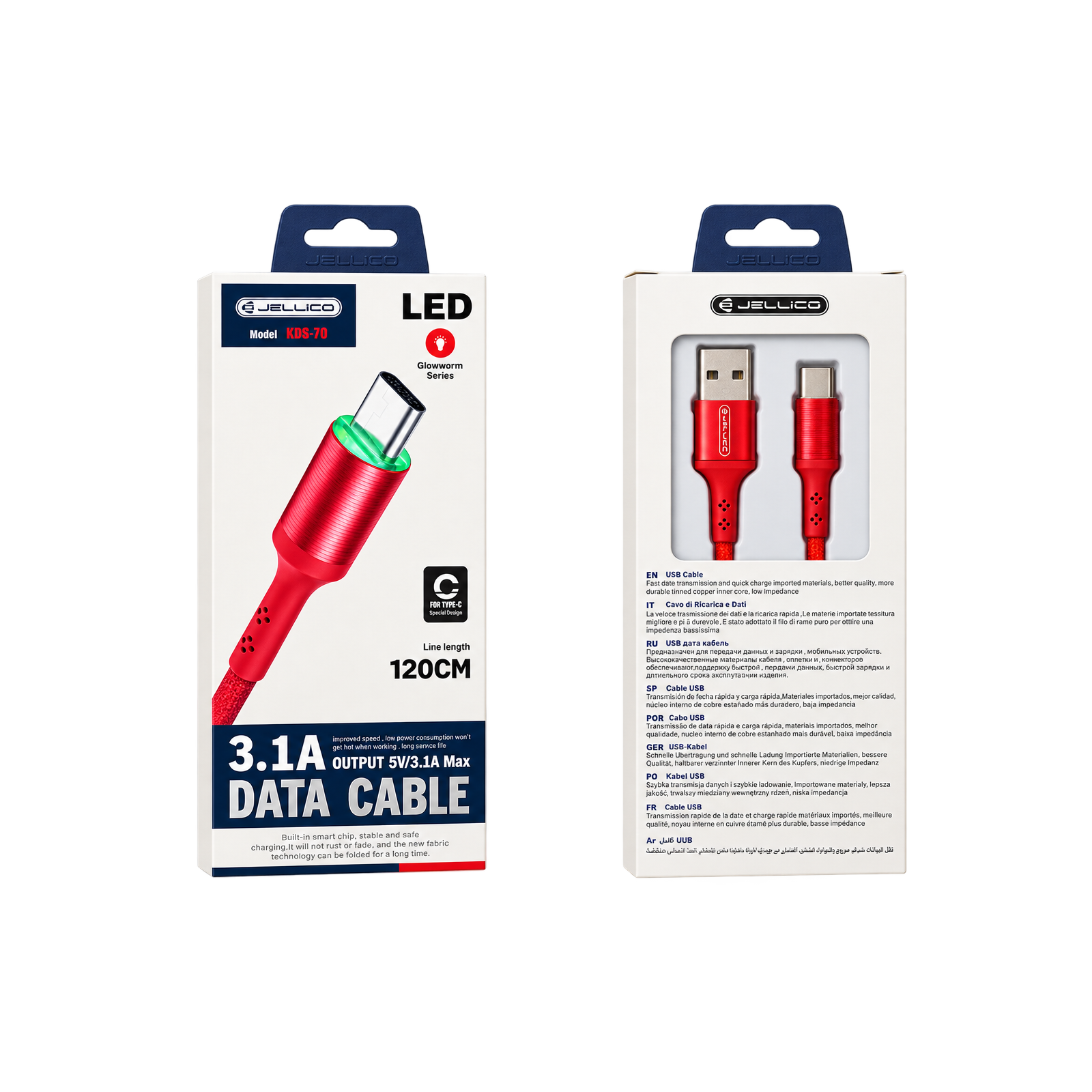 CÂBLE DE DONNÉES JELLICO KDS-70 TYPE-C - 120 CM - 15,5W (3,1A) - ROUGE