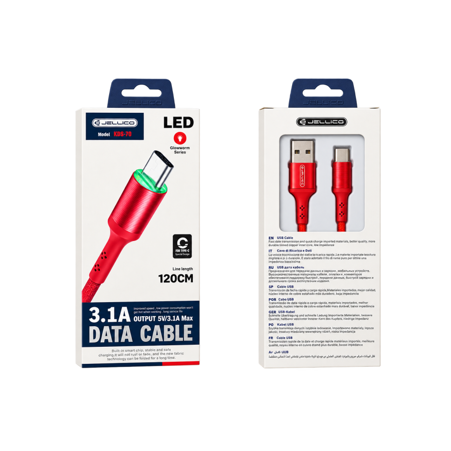 CÂBLE DE DONNÉES JELLICO KDS-70 TYPE-C - 120 CM - 15,5W (3,1A) - ROUGE