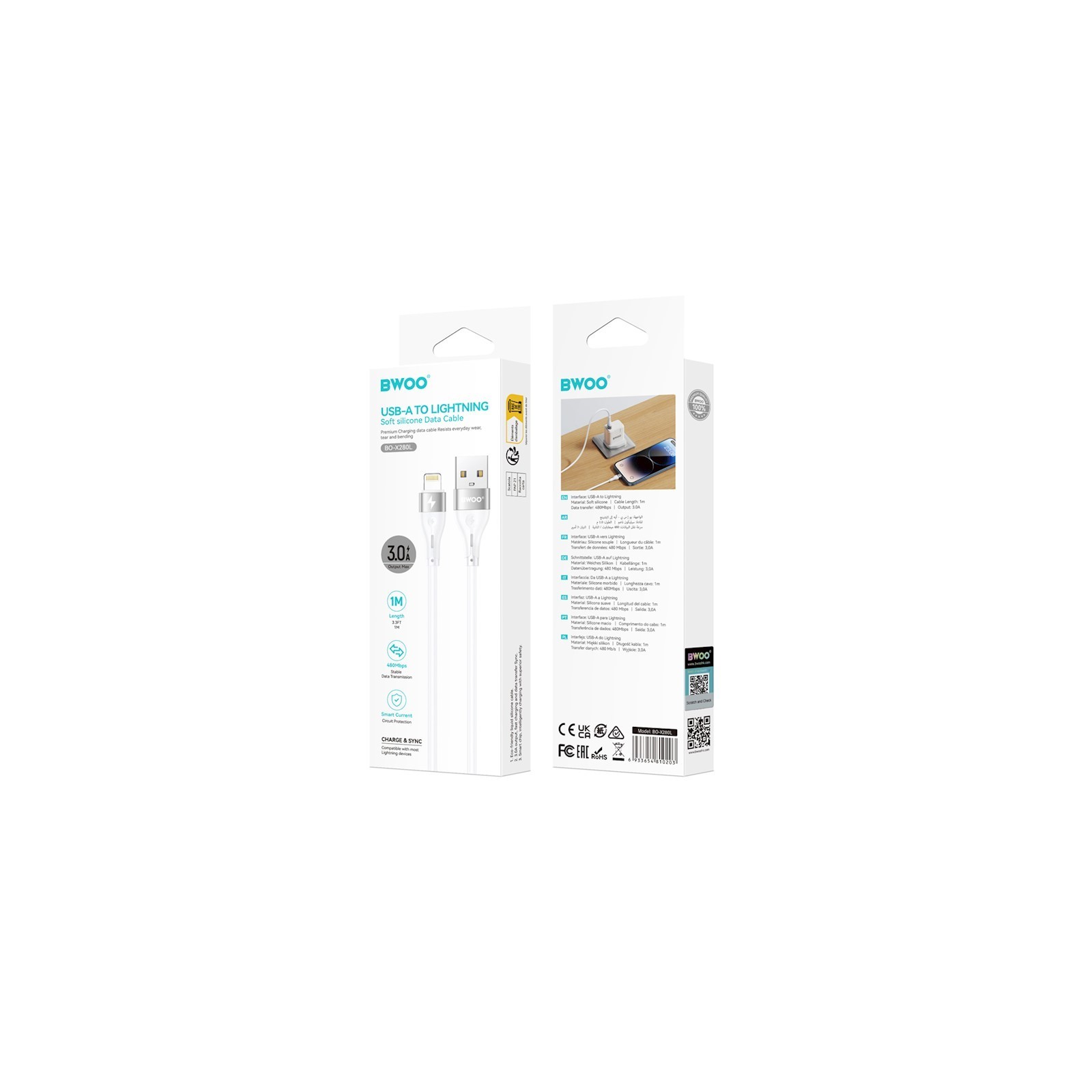 CÂBLE DE CHARGE & DATA USB VERS LIGHTNING BWOO MINIMALIST SILICONE X280L (1M, 3A) - BLANC