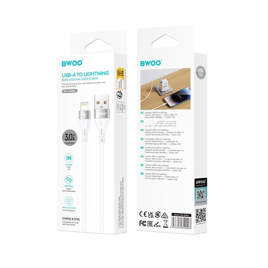 CÂBLE DE CHARGE & DATA USB VERS LIGHTNING BWOO MINIMALIST SILICONE X280L (1M, 3A) - BLANC