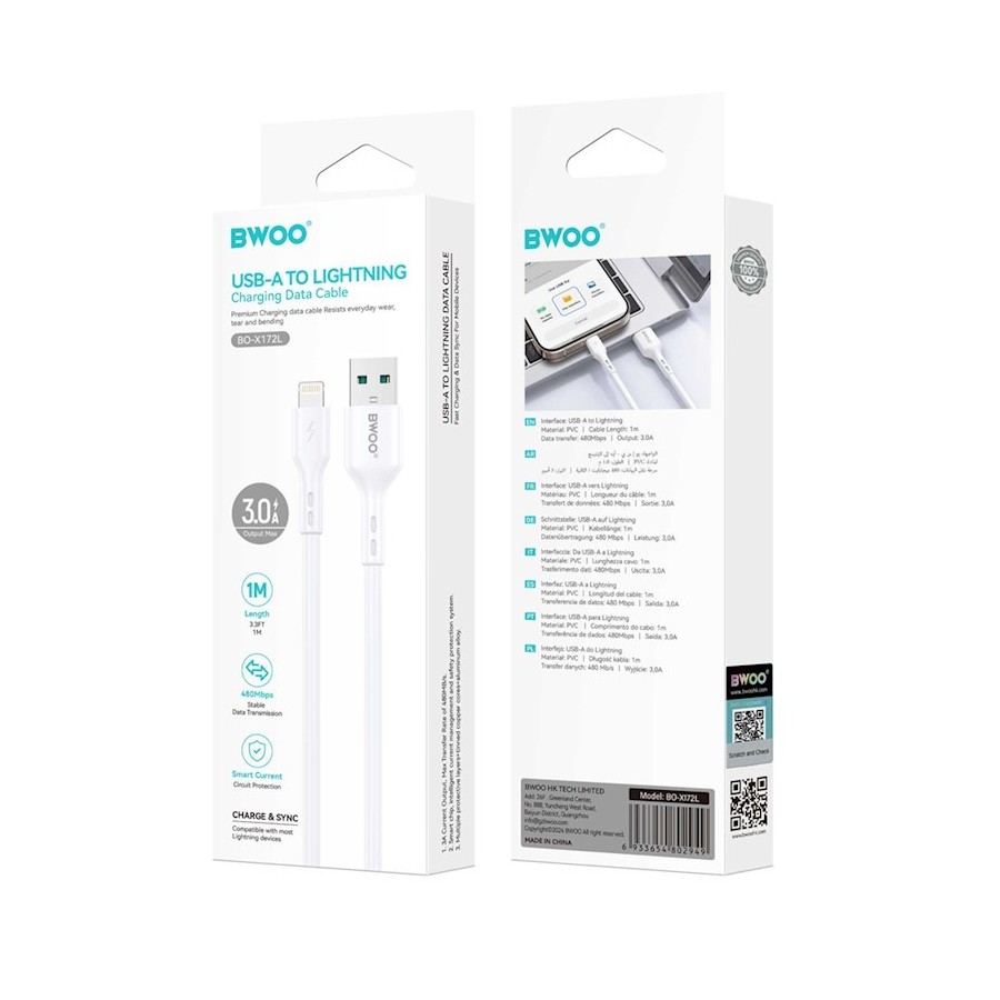CÂBLE DE CHARGE & DATA USB VERS LIGHTNING BWOO X172L (1M, 3A) - BLANC
