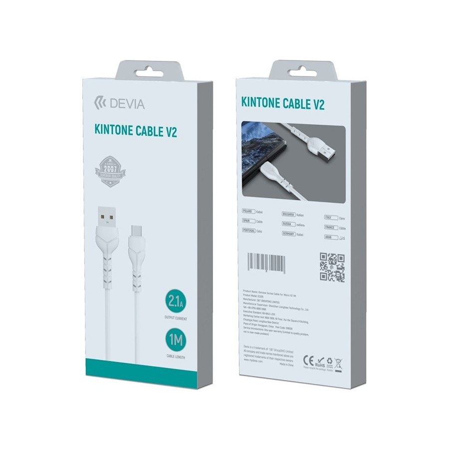 CÂBLE DE CHARGE & DATA USB VERS MICRO-USB DEVIA KINTONE EC144 (1M, 2.1A) - BLANC