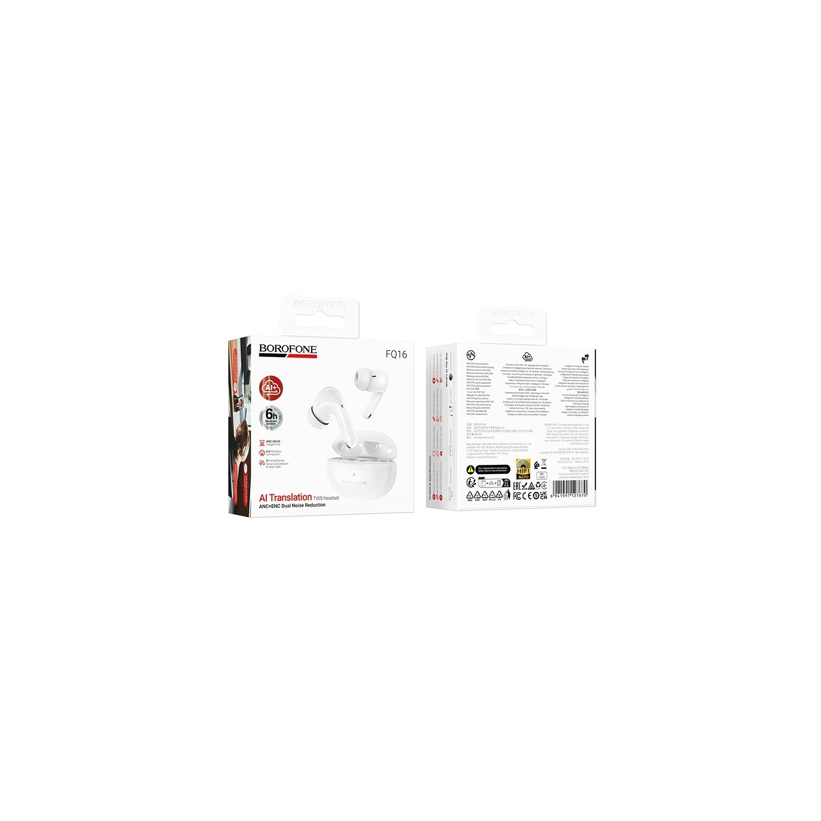 ÉCOUTEURS BLUETOOTH TWS ANC+ENC BOROFONE FQ16 STAR - BLANC