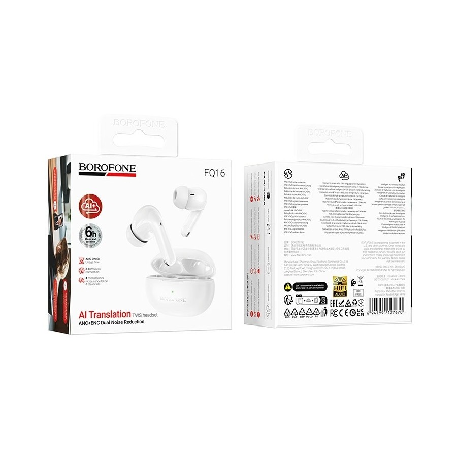 ÉCOUTEURS BLUETOOTH TWS ANC+ENC BOROFONE FQ16 STAR - BLANC