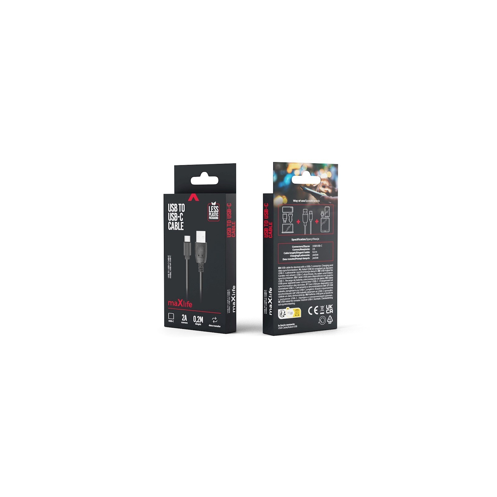 CÂBLE USB VERS USB-C – MAXLIFE – 0,2 M – 2A – NOIR