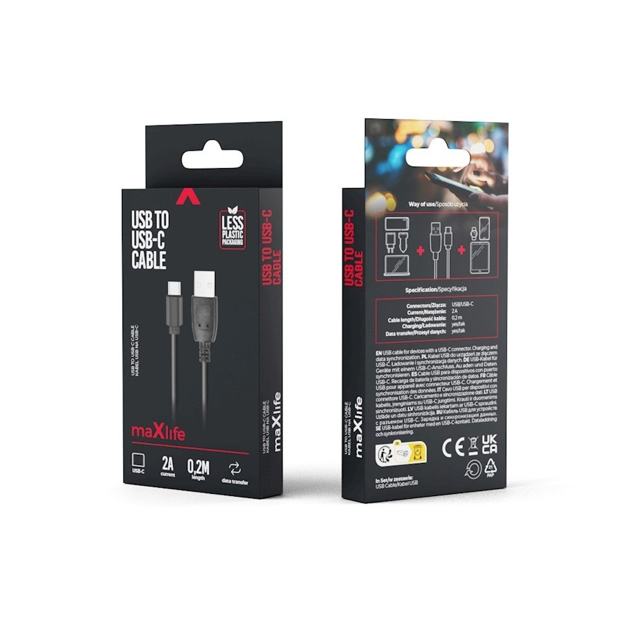 CÂBLE USB VERS USB-C – MAXLIFE – 0,2 M – 2A – NOIR