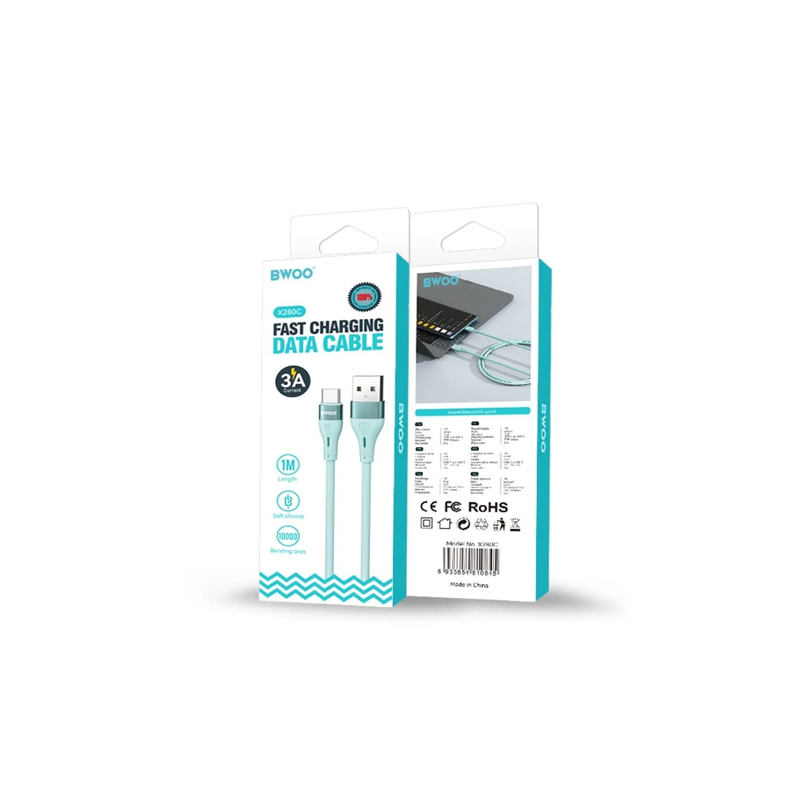 CÂBLE USB VERS USB-C – BWOO – X280C – 1 M – 3A – BLEU