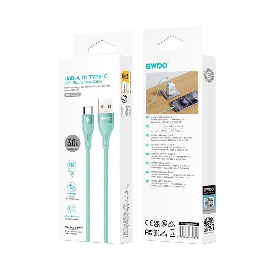 CÂBLE USB VERS USB-C – BWOO – X280C – 1 M – 3A – VERT SILICONE