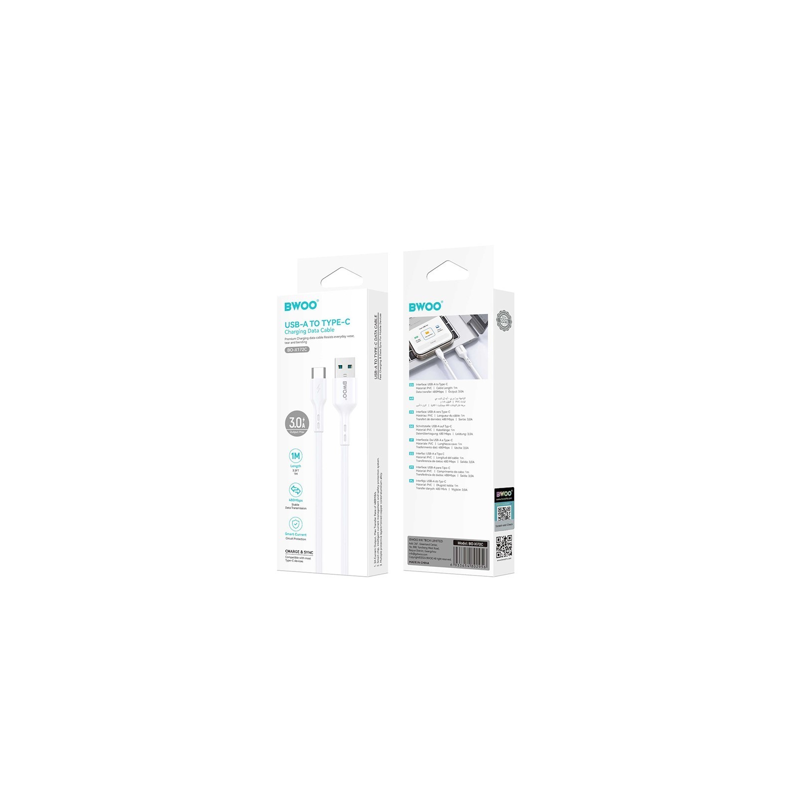 CÂBLE USB VERS USB-C – BWOO – BO-X172C – 1 M – 3A – BLANC