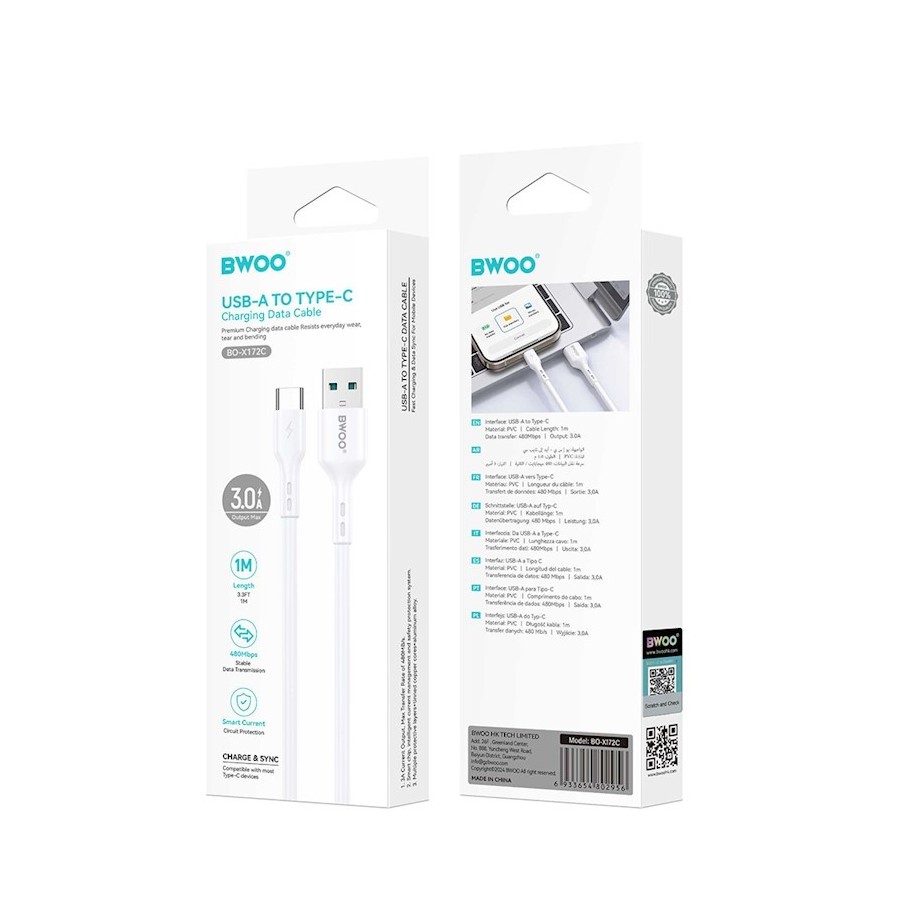 CÂBLE USB VERS USB-C – BWOO – BO-X172C – 1 M – 3A – BLANC