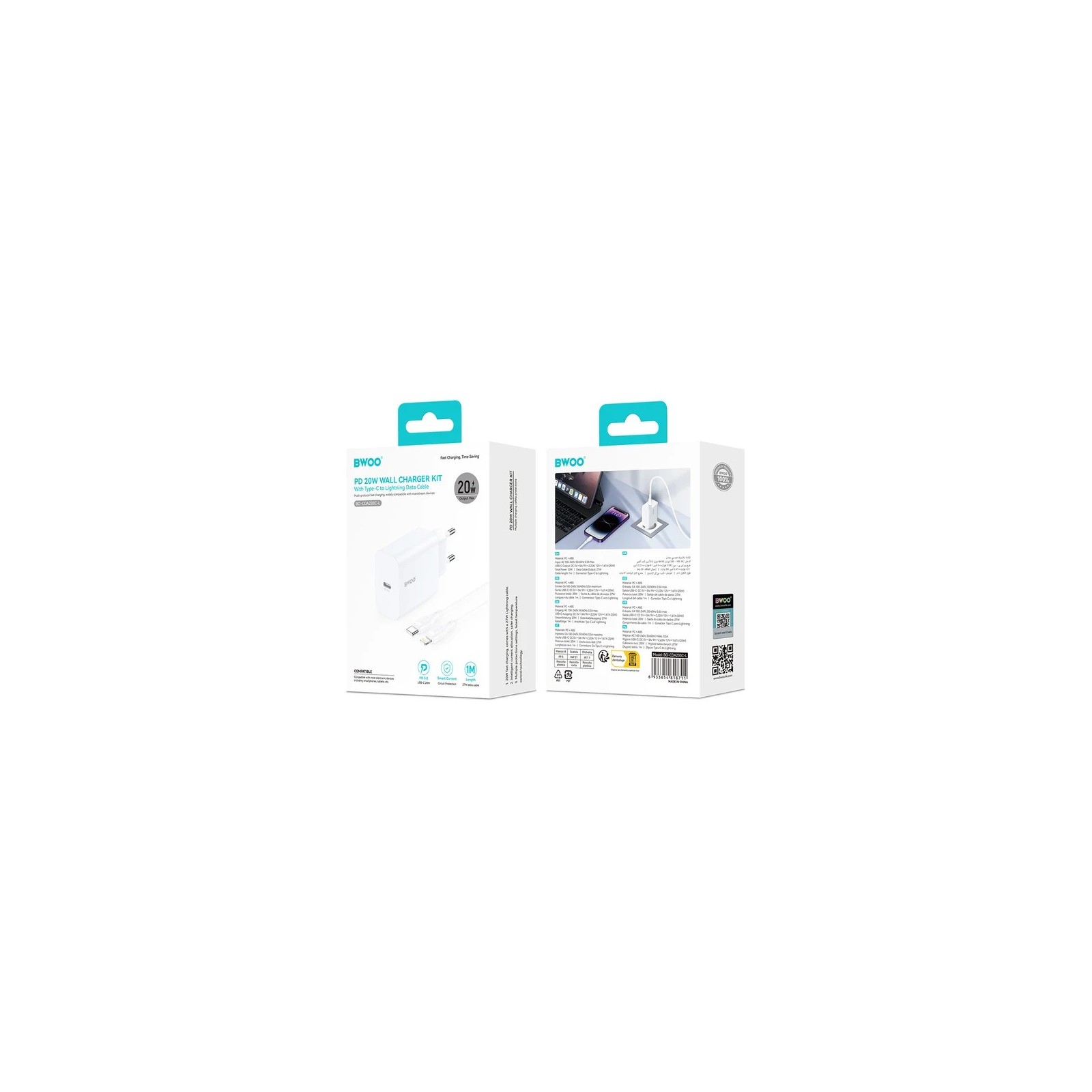 CHARGEUR SECTEUR AVEC CÂBLE LIGHTNING – BWOO – CDA233 – 20W – 3A – BLANC