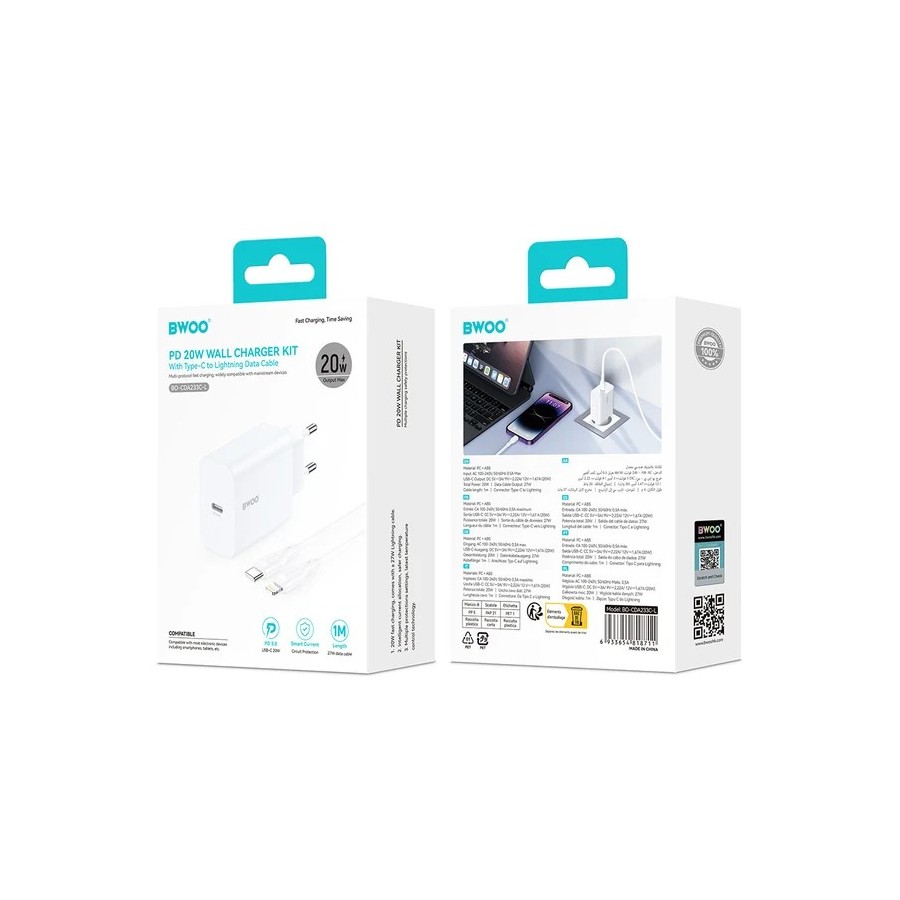 CHARGEUR SECTEUR AVEC CÂBLE LIGHTNING – BWOO – CDA233 – 20W – 3A – BLANC