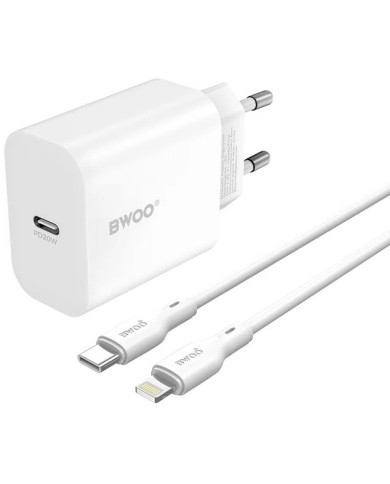 CHARGEUR SECTEUR AVEC CÂBLE LIGHTNING – BWOO – CDA233 – 20W – 3A – BLANC