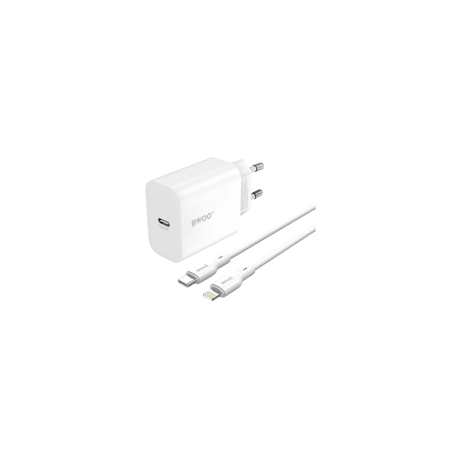 CHARGEUR SECTEUR AVEC CÂBLE LIGHTNING – BWOO – CDA233 – 20W – 3A – BLANC