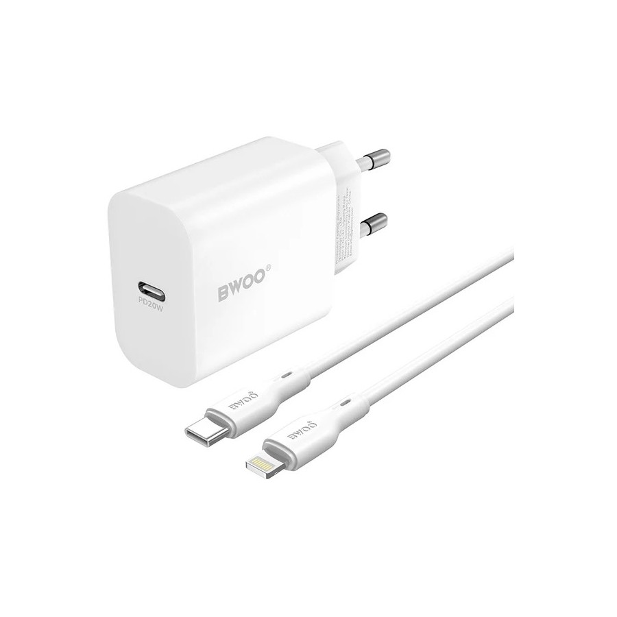 CHARGEUR SECTEUR AVEC CÂBLE LIGHTNING – BWOO – CDA233 – 20W – 3A – BLANC