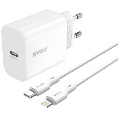 CHARGEUR SECTEUR AVEC CÂBLE LIGHTNING – BWOO – CDA233 – 20W – 3A – BLANC
