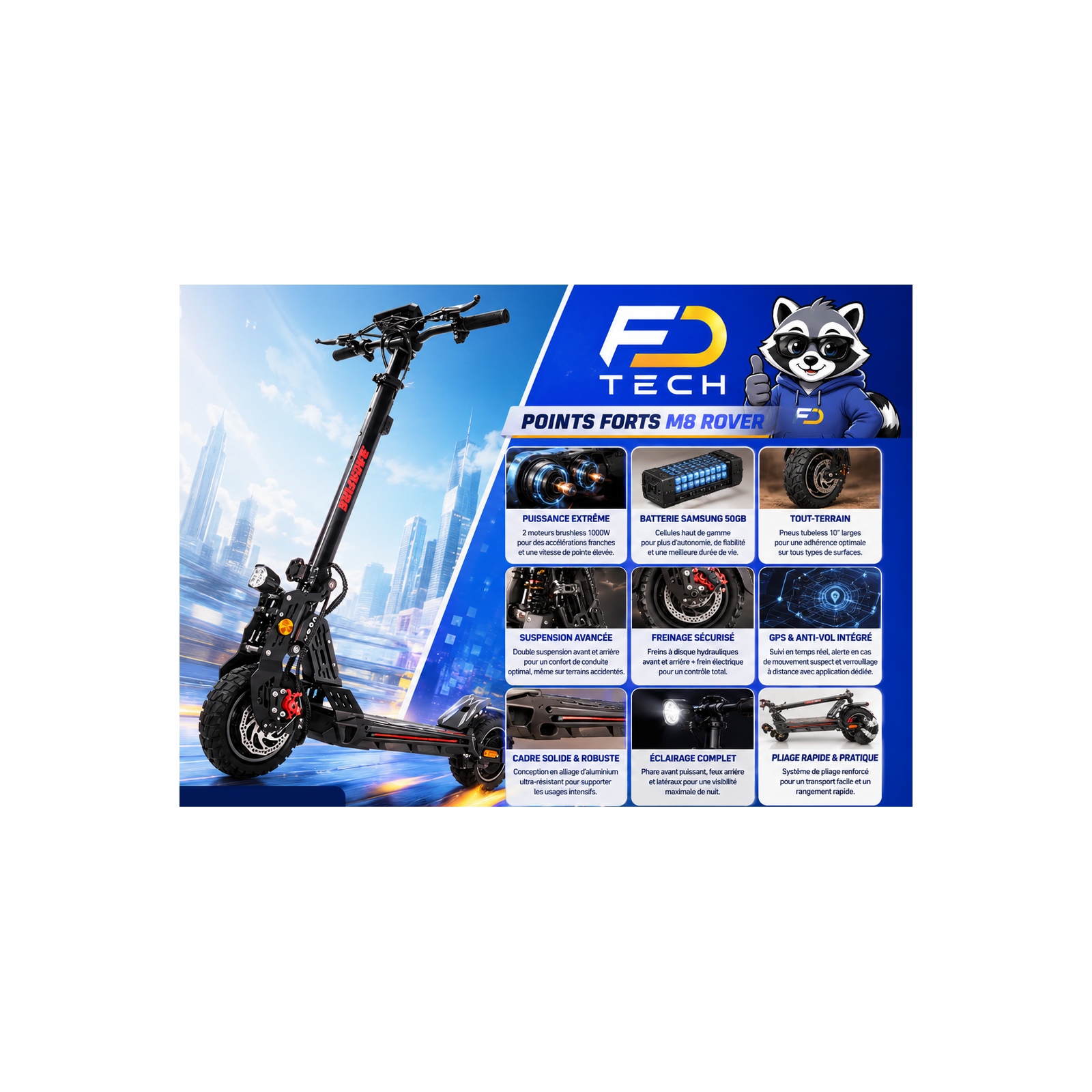 TROTTINETTE ÉLECTRIQUE avec GPS ANTI-VOL INTÉGRÉ — M8 ROVER BACKFIRE — NOIR