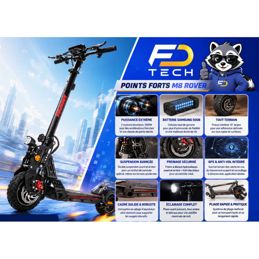 TROTTINETTE ÉLECTRIQUE avec GPS ANTI-VOL INTÉGRÉ — M8 ROVER BACKFIRE — NOIR