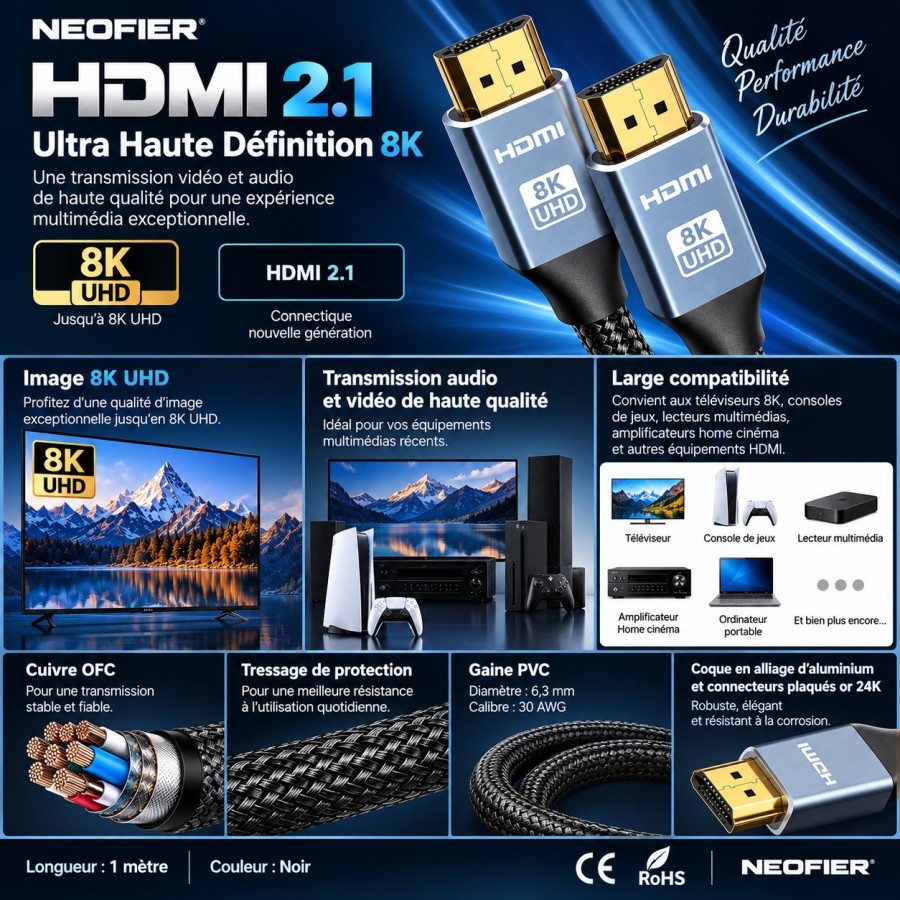 CABLE HDMI - NEOFIER - 8K 1M NOIR