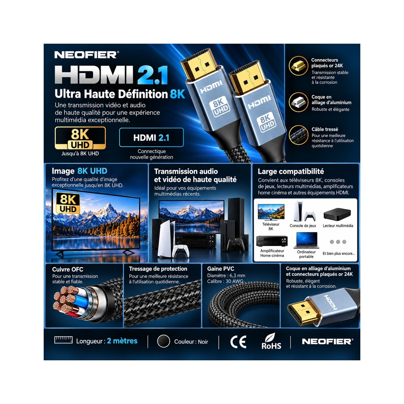 CABLE HDMI - NEOFIER - 8K 2M NOIR