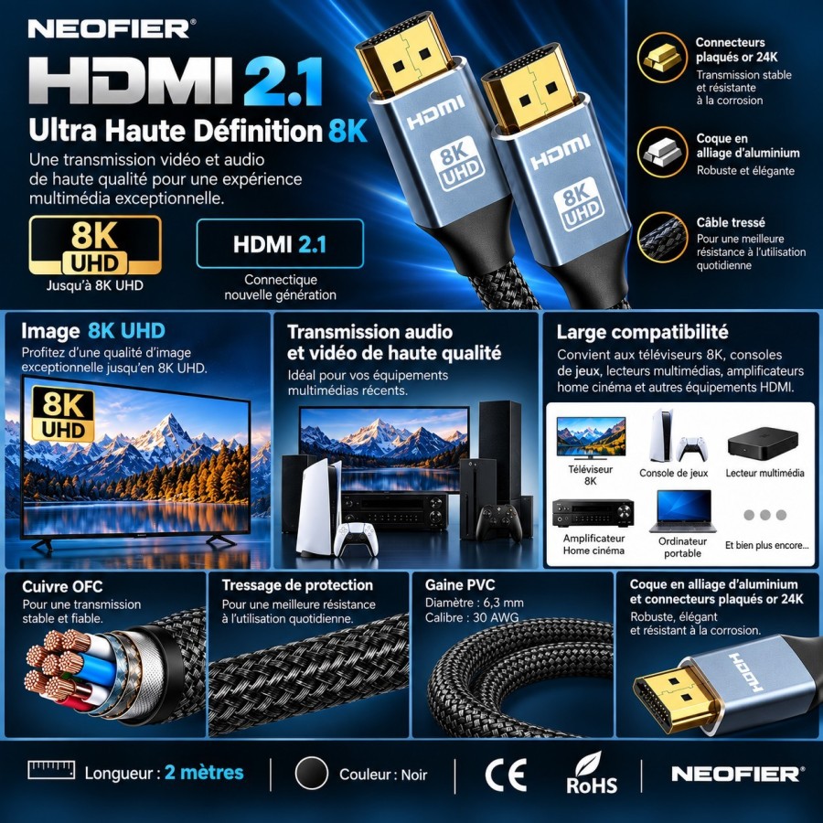 CABLE HDMI - NEOFIER - 8K 2M NOIR
