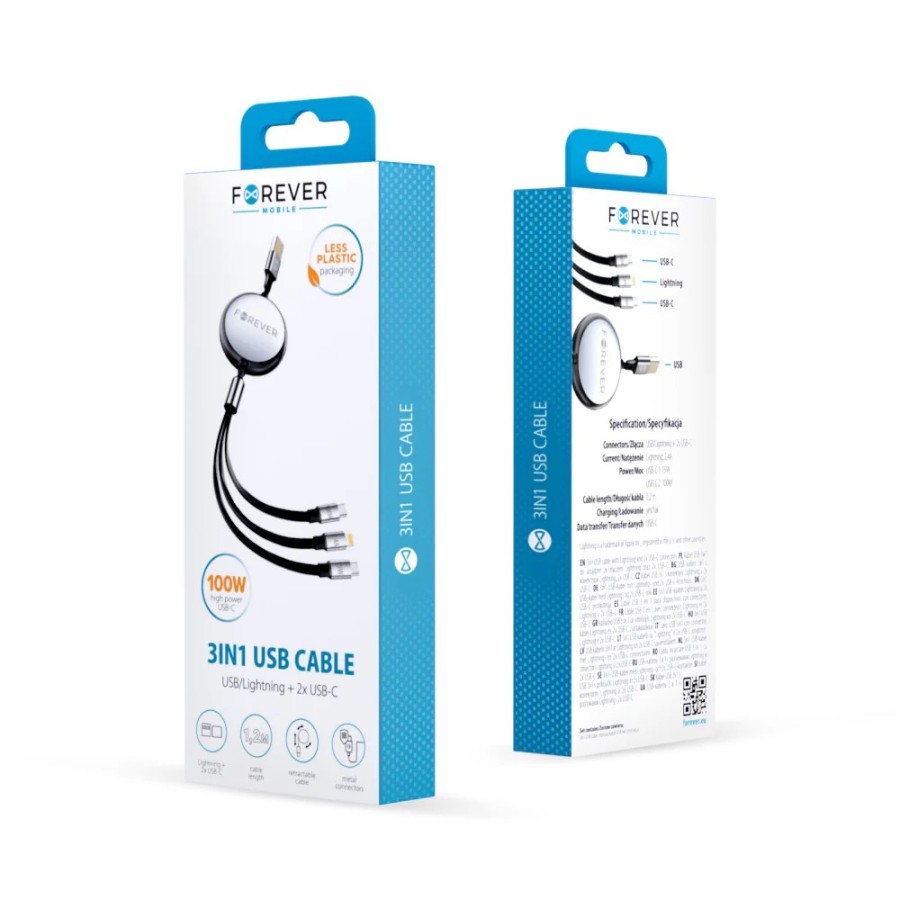 CÂBLE DE CHARGE 3-EN-1 - FOREVER - PD 100W 1.2M NOIR