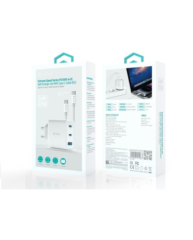 CHARGEUR SECTEUR GAN DEVIA EXTREME 2X USB-C 1X USB-A 65W BLANC + CABLE USB-C USB-C