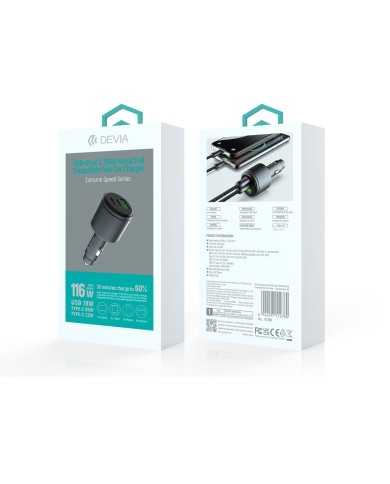 CHARGEUR ALLUME-CIGARE VOITURE - DEVIA EXTREME METAL - 116W NOIR (2xUSB-C/1xUSB-A)