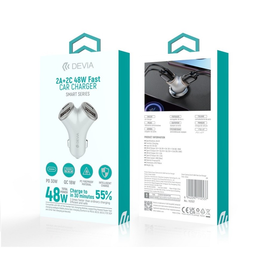 CHARGEUR ALLUME-CIGARE VOITURE - DEVIA EA506 - 48W GRIS (2xUSB-C/2xUSB-A)