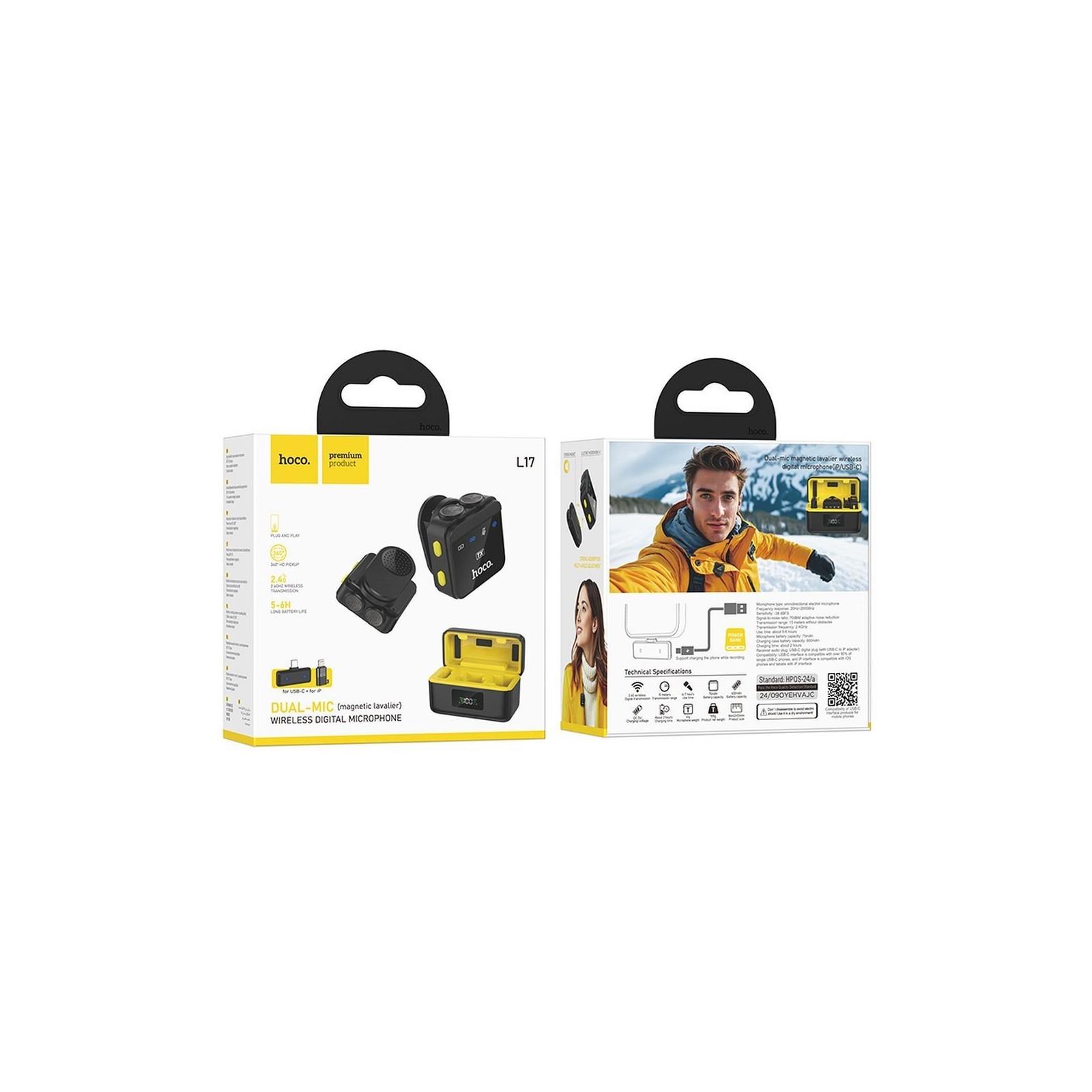 Double Microphone sans fil HOCO L17 Lightning / USB-C Noir