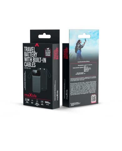 BATTERIE EXTERNE POWERBANK MAXLIFE MXPB-06 10000MAH PD QC 22.5W AVEC CABLES INTEGRES NOIRE
