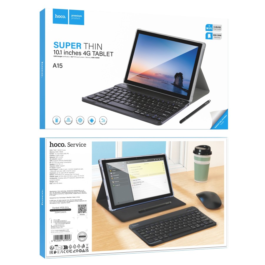 Tablette 4G HOCO A15 - 10.1" 6 Go RAM + 128 Go avec Clavier - Noir