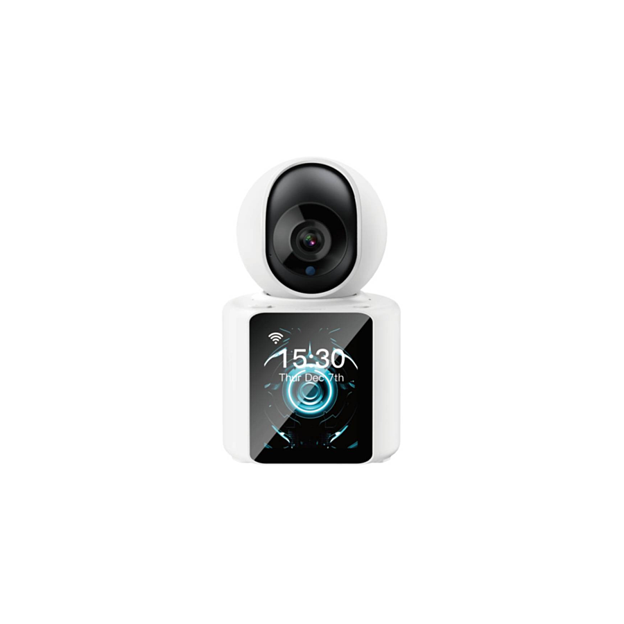 CAMÉRA DE SURVEILLANCE INTÉRIEURE MOTORISÉE XO ROTATIVE 350° ET INCLINABLE 68.5° AVEC ÉCRAN DIGITAL BLANCHE