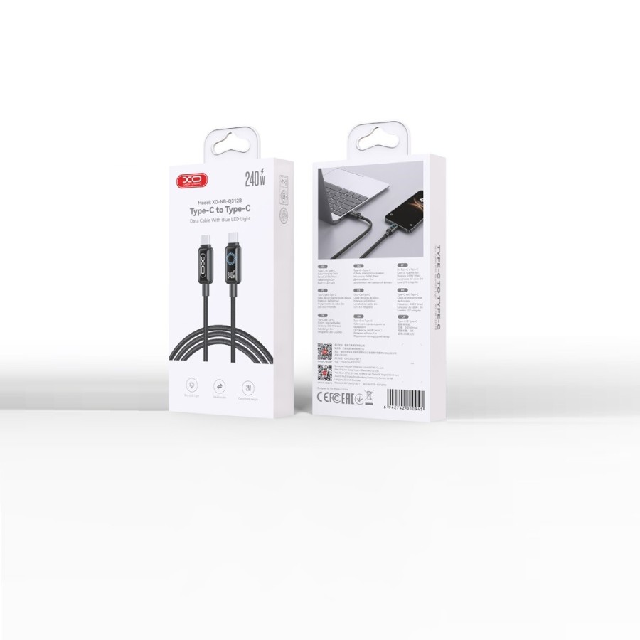 Câble XO NB-Q312B USB-C vers USB-C, 2 m, PD 240 W, noir, avec LED