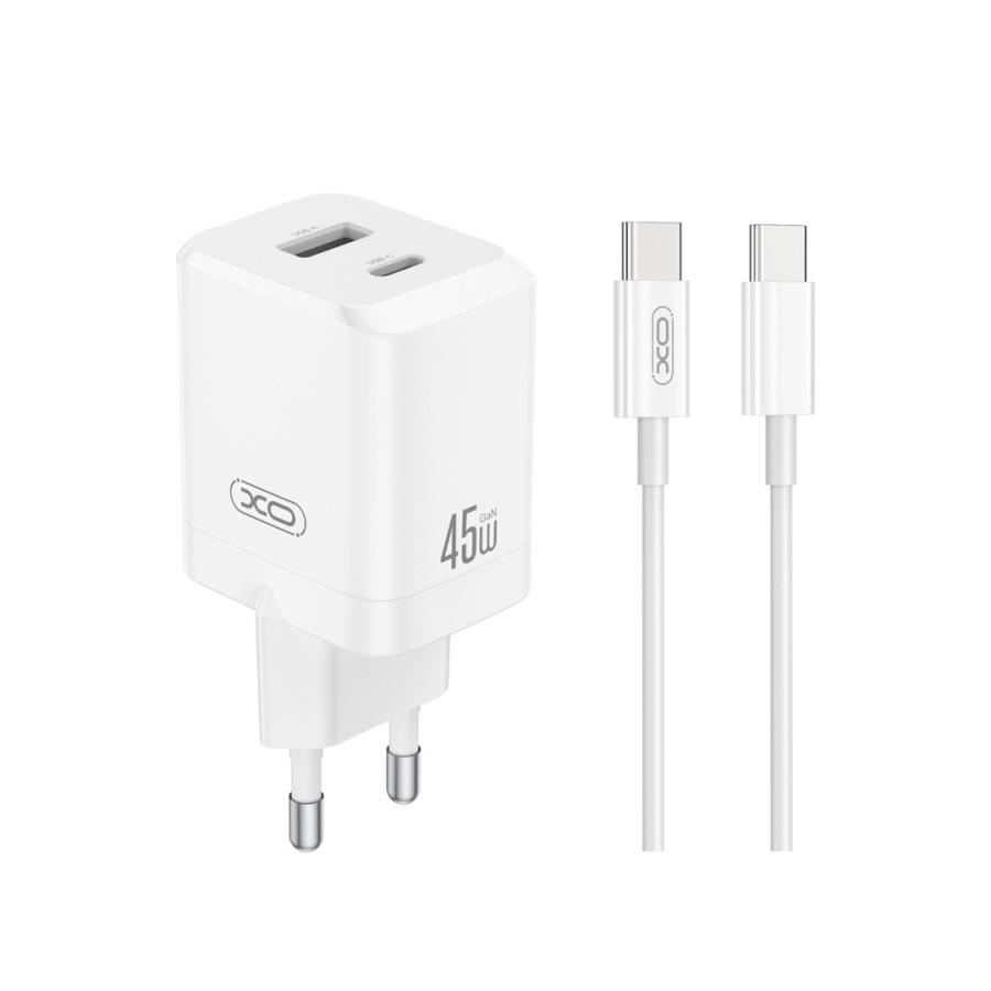 Chargeur secteur 2 ports (USB-A+C) XO CE36 45 W avec câble USB-C vers USB-C - Blanc
