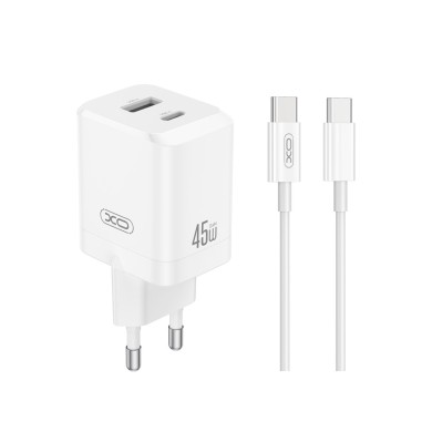 Chargeur secteur 2 ports (USB-A+C) XO CE36 45 W avec câble USB-C vers USB-C - Blanc