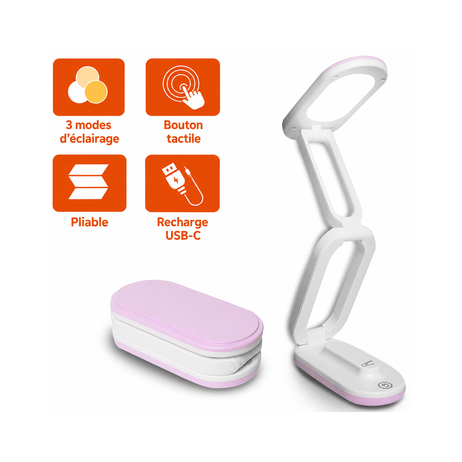Lampe de bureau LED pliable LTC 10 W, 3000/4500/6000 K, 1200 mAh, rose