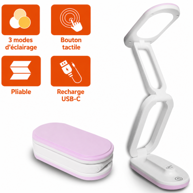 Lampe de bureau LED pliable LTC 10 W, 3000/4500/6000 K, 1200 mAh, rose