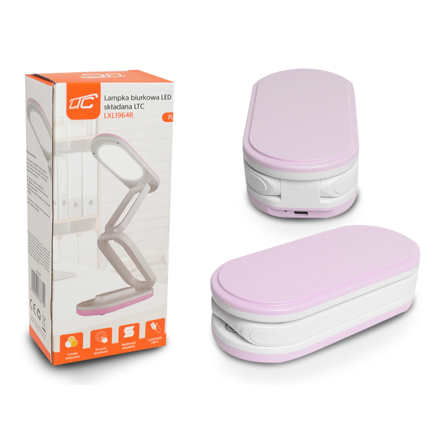 Lampe de bureau LED pliable LTC 10 W, 3000/4500/6000 K, 1200 mAh, rose