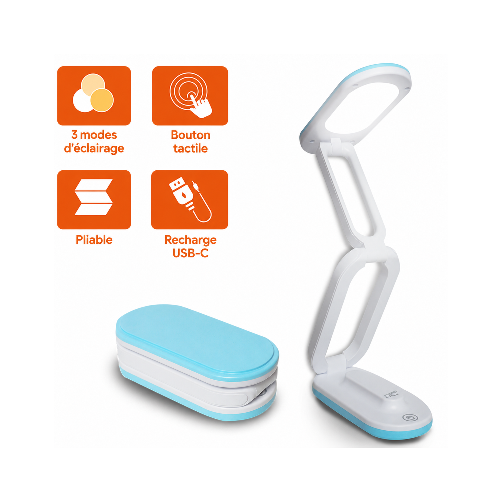Lampe de bureau LED pliable LTC 10 W, 3000/4500/6000 K, 1200 mAh, bleue