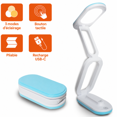Lampe de bureau LED pliable LTC 10 W, 3000/4500/6000 K, 1200 mAh, bleue