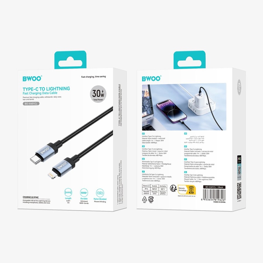 Câble USB-C vers LIGHTNING - BWOO BO-X401CL - 30W 1M Noir