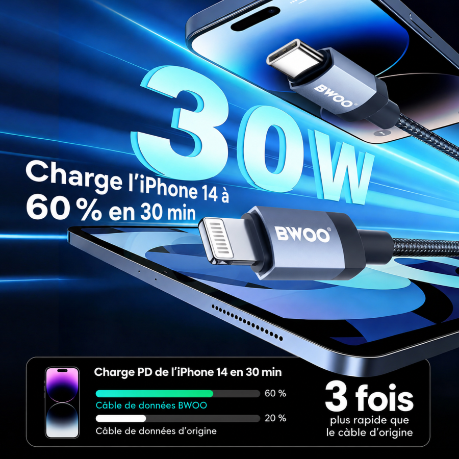 Câble USB-C vers LIGHTNING - BWOO BO-X401CL - 30W 1M Noir