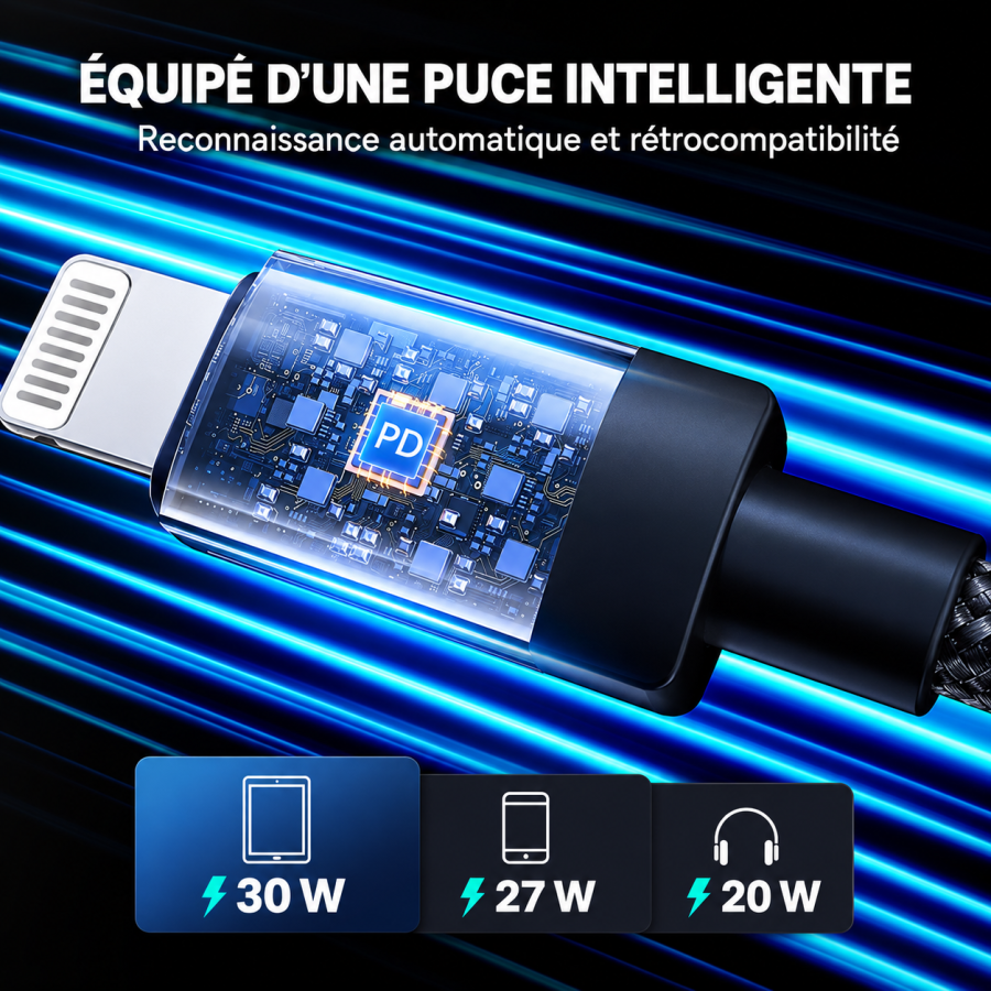 Câble USB-C vers LIGHTNING - BWOO BO-X401CL - 30W 1M Noir